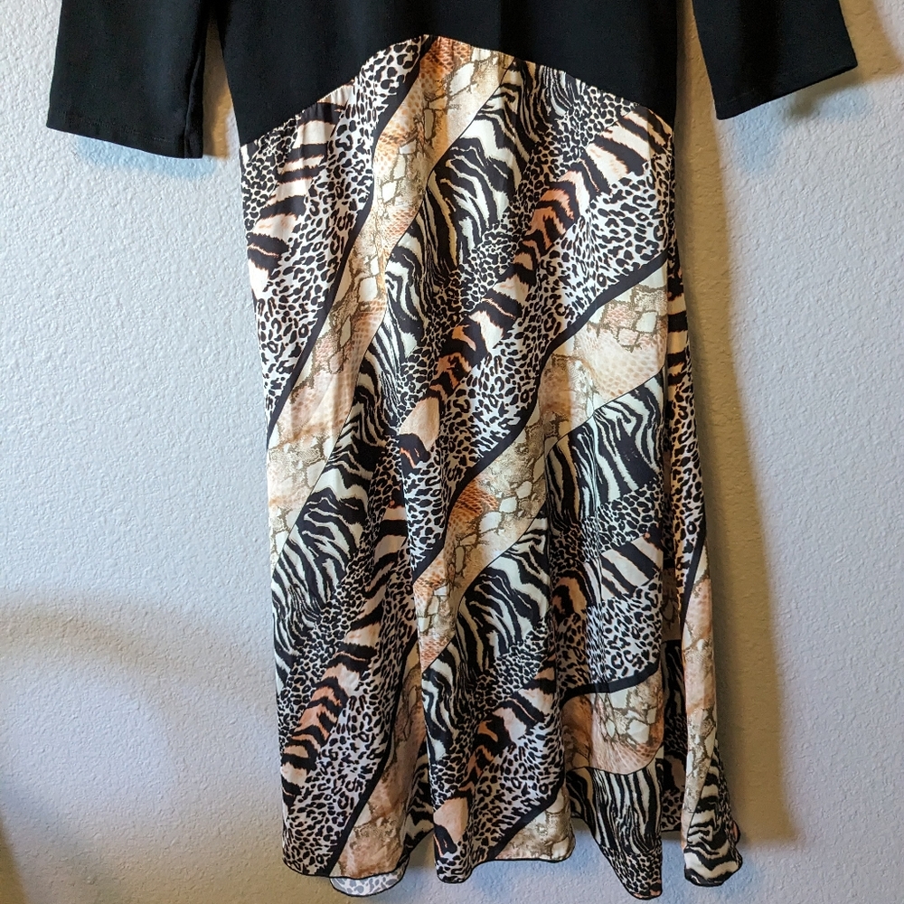 Zara Satin Animal Patch Print Midi Dress Black Brown 3/4 Sleeves A-line Sz M - Picture 7 of 10